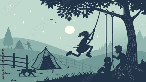 Silhouette of children playing on a swing near tents and trees under a starry night sky landscape scene