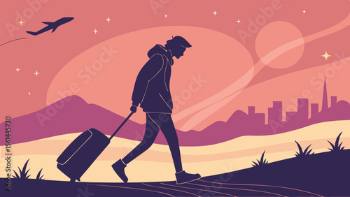 Silhouette of a traveler pulling luggage with airplane and city skyline under a pastel sky landscape view