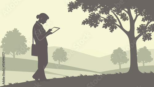 Silhouette of a woman using a tablet while walking in a park with trees and rolling hills on a hazy day