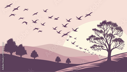 Silhouette landscape with trees, hills, and a flock of birds flying across a pastel colored sky scene