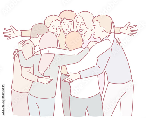 A joyful gathering of friends sharing a warm embrace, celebrating the wonderful connection that brings them together