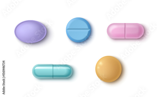 Colorful pharmaceutical set - 3d purple oval pill, blue round tablet with dividing line, pink capsule split in half, turquoise oblong medicine form, orange circular drug for healthcare presentation.
