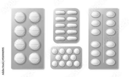 White medicine blister packs - round tablets with score lines, oblong capsules, small circular pills, oval drugs in silver foil packaging. Pharmaceutical 3d medical supplies, healthcare product.