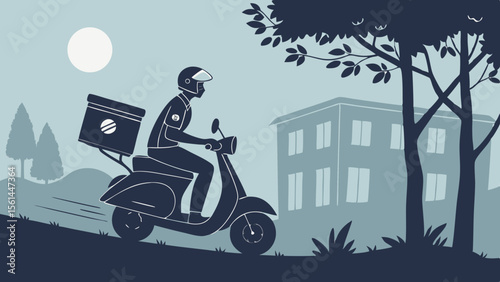 Delivery person riding a scooter with a package in a scenic environment with a building and trees nearby