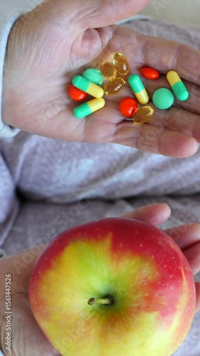 Vertical screen senior woman presents a handful of colorful pills and a ripe red apple, symbolizing the choice between medication and natural remedies for health and well being