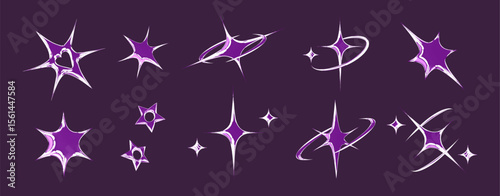 Chrome emoticon star set with metallic purple gradient fills, shooting comet trails, swirling orbits, crossed twinkles and diamond accents for mystical y2k design or cosmic digital decoration element