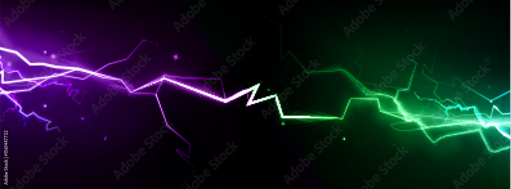 Neon vs thunder clash with purple electric bolt meeting green lightning strike. Glowing energy collision with bright sparks scattered on dark bg for gaming competition, futuristic confrontation effect Neon vs thunder clash with purple electric bolt meeting green lightning strike. Glowing energy collision with bright sparks scattered on dark bg for gaming competition, futuristic confrontation effect