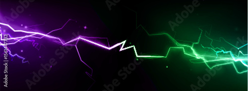 Neon vs thunder clash with purple electric bolt meeting green lightning strike. Glowing energy collision with bright sparks scattered on dark bg for gaming competition, futuristic confrontation effect