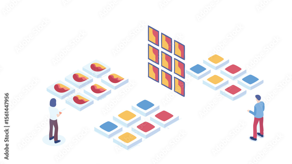 Fototapeta premium Isometric view of two people interacting with digital data and a central interface panel