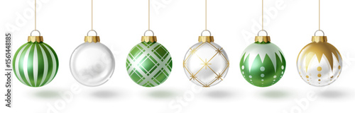 Christmas tree bauble set - green striped glass ball, white sphere, plaid emerald ornament, golden geometric design, dotted mint decoration hanging on strings. Holiday 3d ornaments for festive decor.
