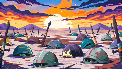 Scorched Earth Battlefield with Broken Swords and Abandoned Helmets