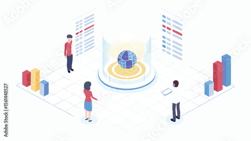 Isometric illustration of team analyzing global data with charts and documents around a globe display