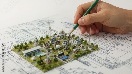 Planning an Eco-Friendly Town: Hand with pencil designs sustainable cityscape with wind turbines and green spaces.