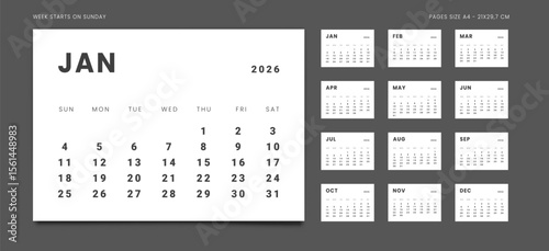2026 Calendar Planner Set of new Template 12 Monthly Page for Corporate or Personal use. Vector minimalist monochrome layout of a wall or desk organizer with week start Monday for print. Pages size A4