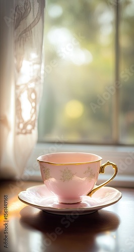 Wallpaper Mural A delicate pink teacup and saucer by a window, bathed in sunlight Torontodigital.ca