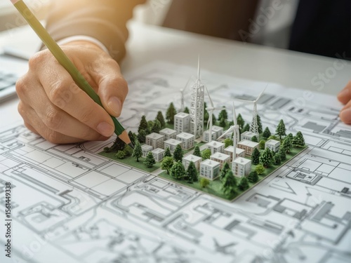 Planning sustainable community: an architect works on a city model with wind turbines and green spaces.