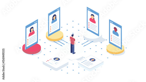 Isometric view of a man surrounded by profile screens and documents in a network setup concept
