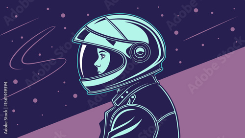 Illustration of a woman in a space suit helmet against a cosmic background with stars and light streaks