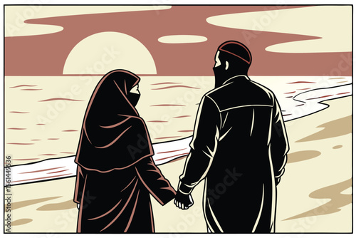 Couple in burqas enjoying a serene beach sunset together