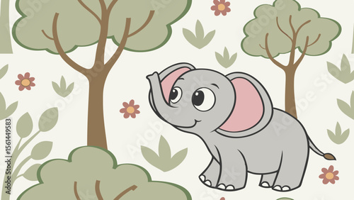 Cute cartoon vector illustration of elephant in a nature forest