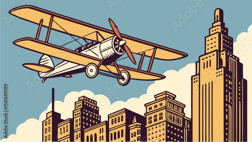 Illustration of a biplane flying over a cityscape with tall buildings and a blue sky background view scene