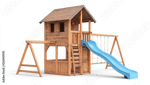 Wooden playset with elevated platform, ladder, slide, and swings, set against a white background