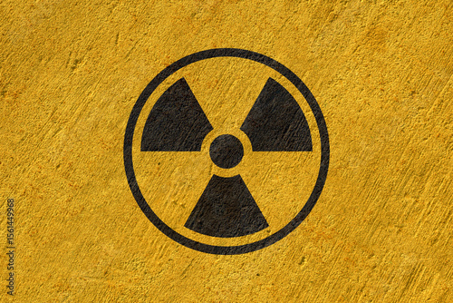 radiation sign painted on concrete wall, work safety warning, black symbol on yellow background