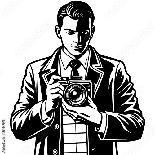 Retro style man in suit holding a vintage camera taking a picture