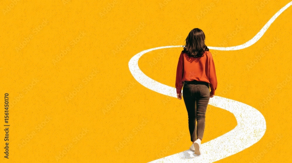 custom made wallpaper toronto digitalPerson walking a winding path on a vivid yellow surface.