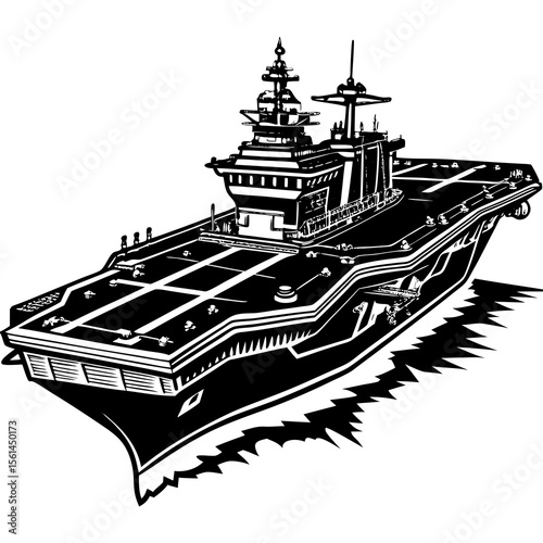 Black and white illustration of a modern aircraft carrier sailing on the water
