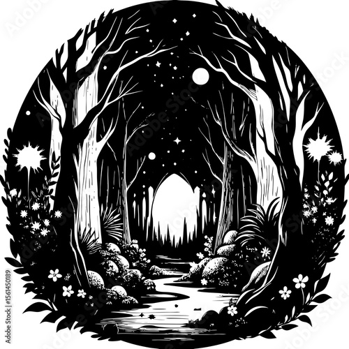 Enchanting forest path leads to a glowing portal under a starry night sky