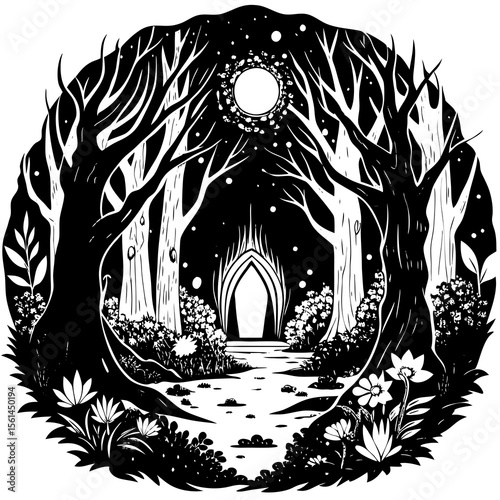 Enchanting moonlit forest path leads to a mystical glowing portal archway