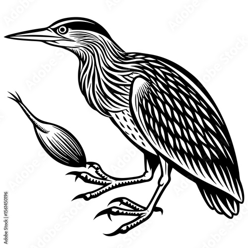 Black and white illustration of a heron bird with a fish in its beak