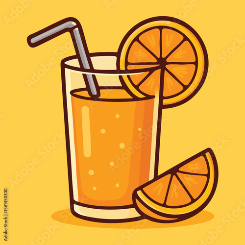 Vector illustration of a glass of orange juice with slices and straw in cartoon style. Ideal for summer drinks, fresh beverages, and food design.

