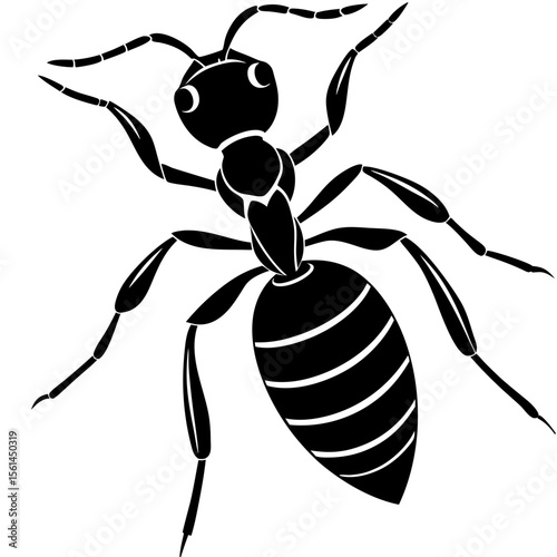 Stylized black silhouette of an ant with white outlines on a white background