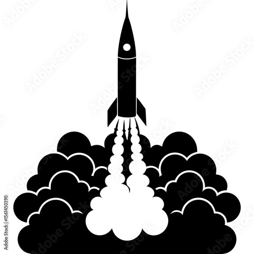 Black silhouette of a rocket launching with smoke and fire against a white background