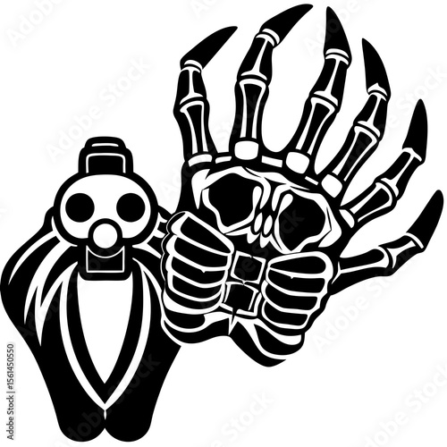 Stylized black and white skeleton hand reaching out towards a gas mask character