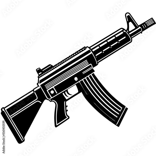 Black and white illustration of an assault rifle with a curved magazine
