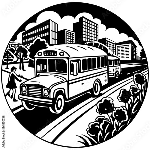 School bus picking up a student on a city street with buildings and trees