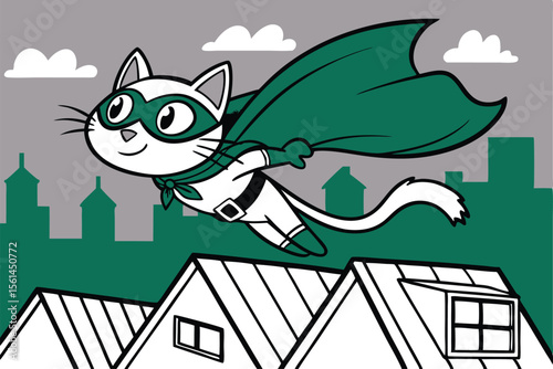 Cartoon cat in superhero costume leaping across city rooftops at night