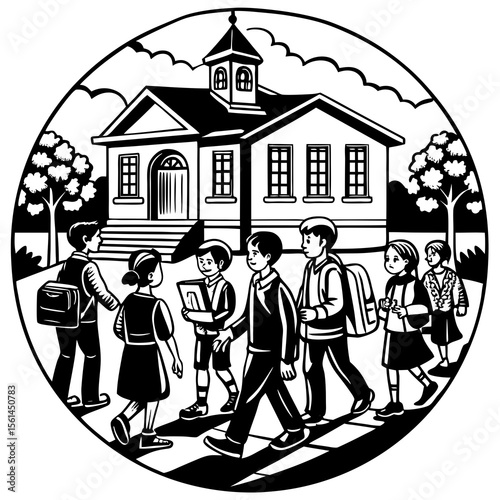 Children walking across a crosswalk towards a school building