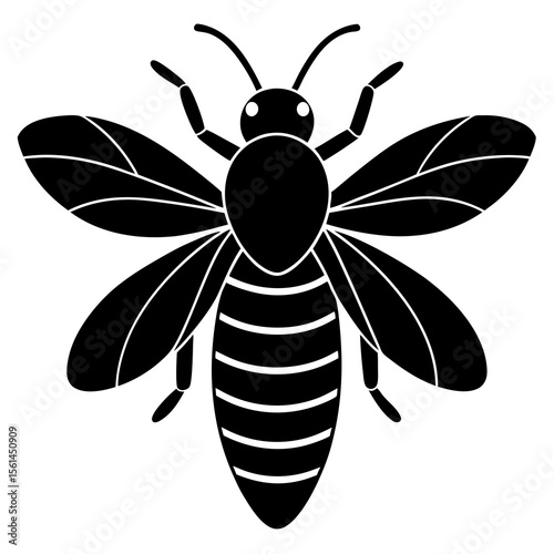 Stylized black silhouette of a honey bee with detailed wings and stripes
