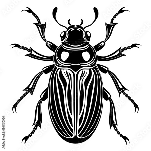 Stylized black and white illustration of a beetle with intricate details