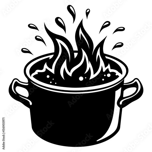 Black and white illustration of a pot with boiling water and flames