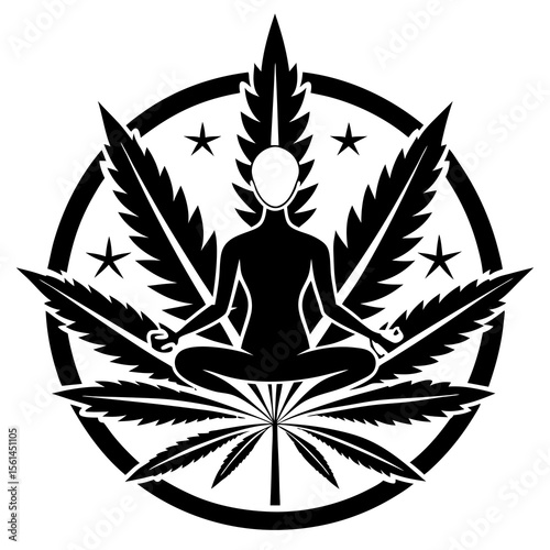 Silhouette of person meditating in lotus pose surrounded by cannabis leaves and stars