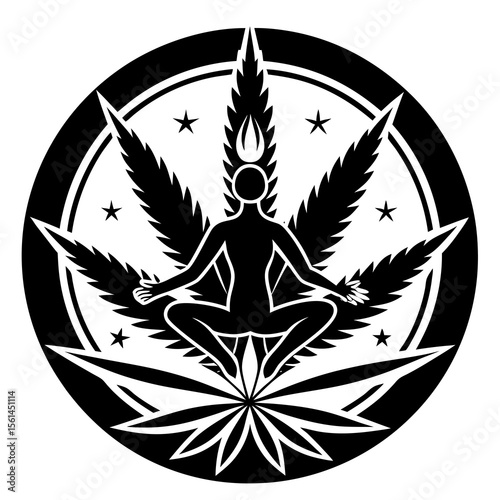 Silhouette of a person meditating with cannabis leaf and stars in a circle