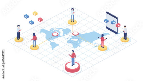Isometric world map with people connected by lines and a large mobile device icon displayed