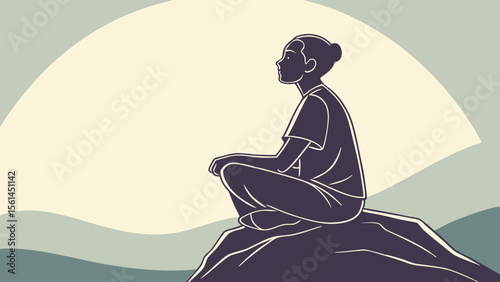 Woman sitting cross legged on a rock looking out over a landscape with a large sun in the background