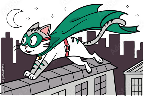 Superhero cartoon cat leaping across city rooftops at night