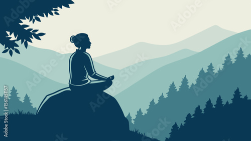 Silhouette of a woman meditating on a rock with a mountain range and trees in the background in blue tones